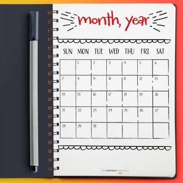mockup of an open notebook with a bullet journal calendar sketched on page